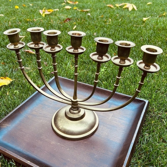Vintage Solid Brass Mid Century Candelabra  | Menorah 7 Arm Candle Holder - Picture 2 of 9